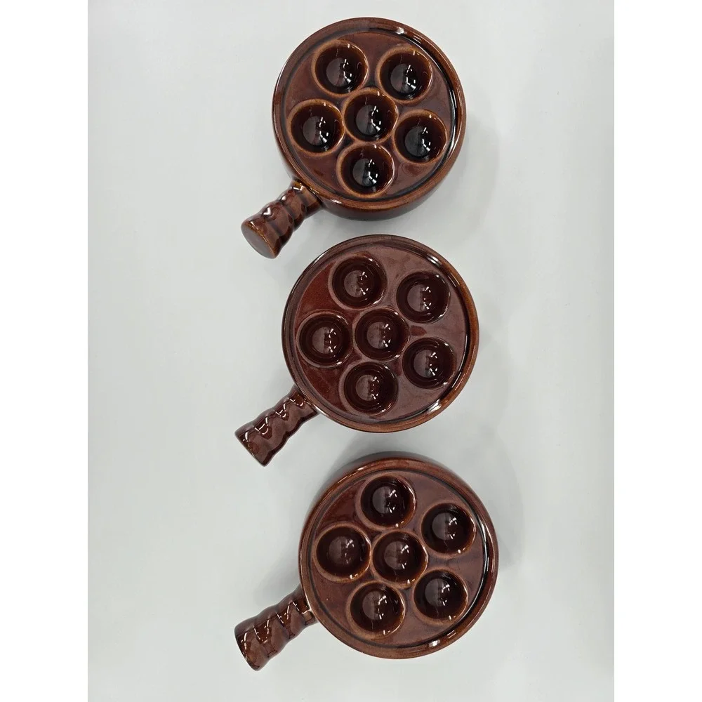 Vintage Brown Glazed Ceramic Escargot Baking Dishes 6 Hole Snail Pans Set of 3